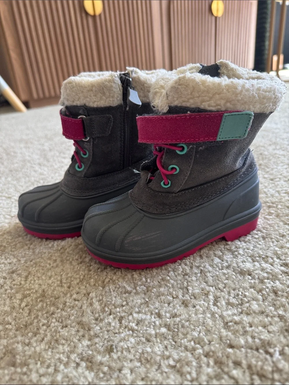 Cat & Jack Gray Kids Snow Boots with Pink and Teal Accents